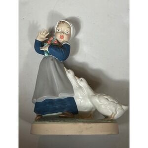 Vintage Porcelain Figurine Girl With Flowers‎ And Geese Country Farmhouse Decor